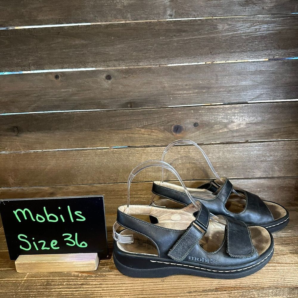 Womens‎ Mobils Mephisto Air Relax Black Leather Double Strap Sandals Size EU 36